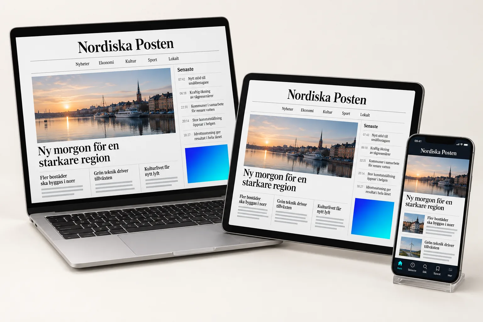 Den fiktiva tidningen Nordiska Posten på laptop, surfplatta och mobil – byggd med Aeon News Platform
